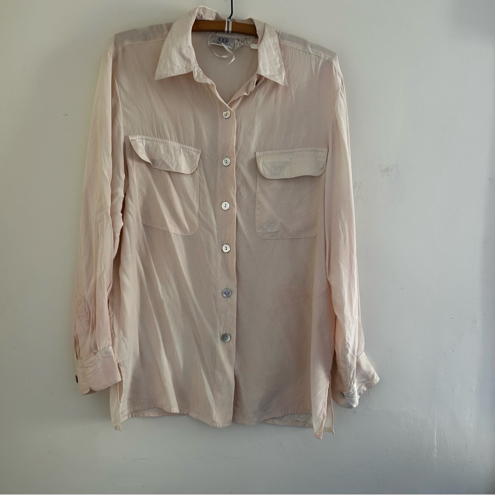 Vintage Madeline 100% Silk Cream White Embroidered Blouse Size 10